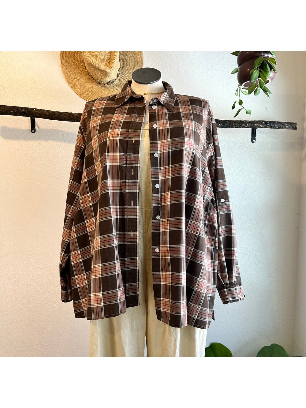 Vintage 90s Brown Cotton Red Plaid Button Down Long Sleeve Top Size 3X